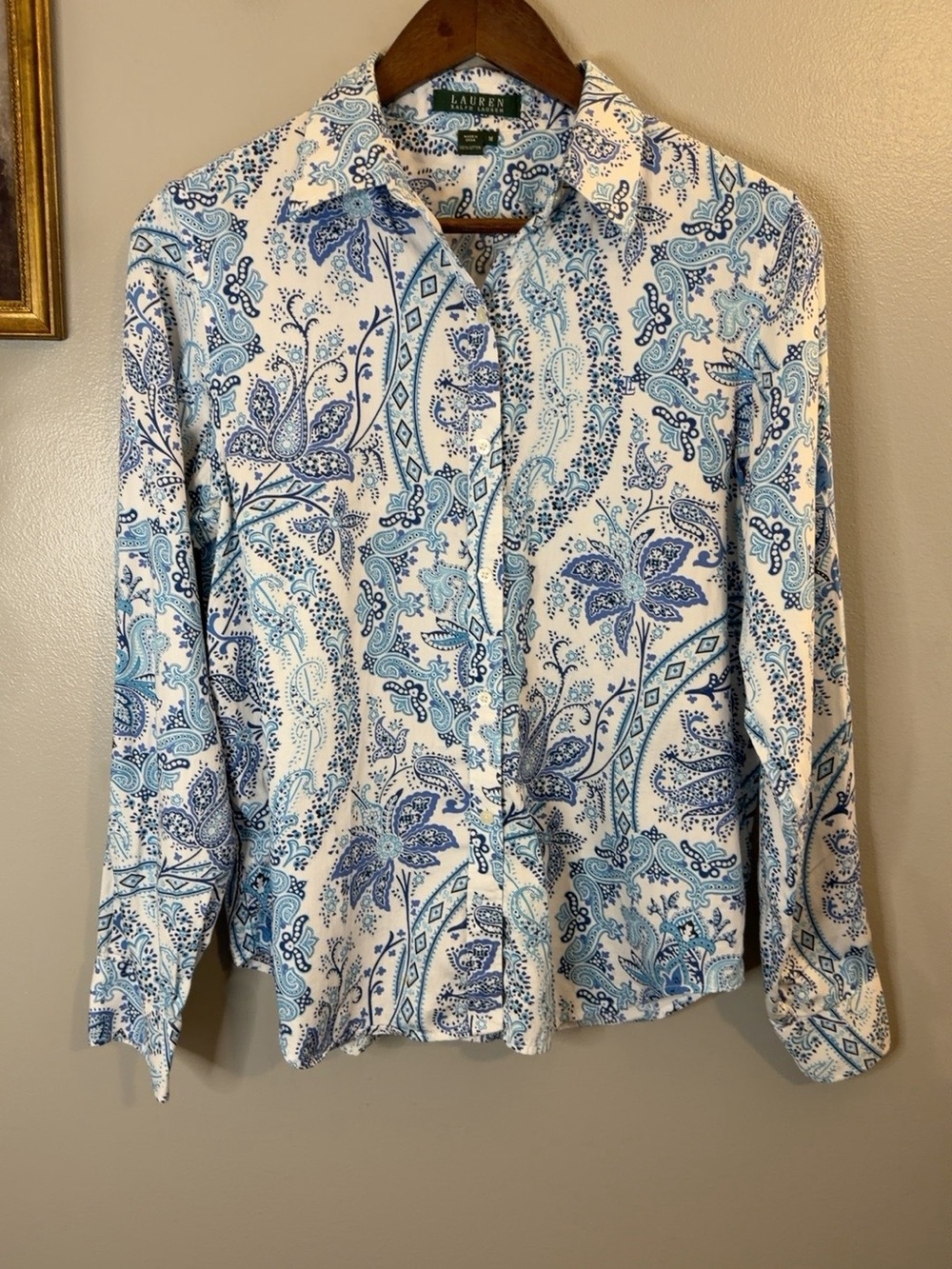 Lauren Ralph Lauren Paisley Button Down Shirt Blue White Cotton M - Picture 3 of 8